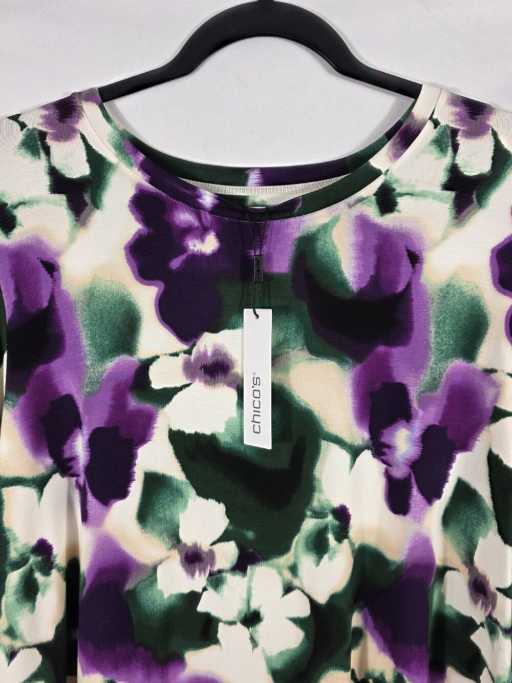 Chico's Size 4 Long Sleeve Touch of Cool Layer Tee Size XXL Purple Floral NEW - Picture 2 of 11